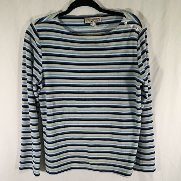 Caribbean Joe Sweaters - Caribbean Joe Sweater Women's Medium Blue Striped Plush Round Neck Pullover